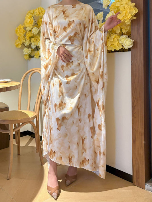 Elegant Long Dress with Yellow Floral Print and Drawstring Straps