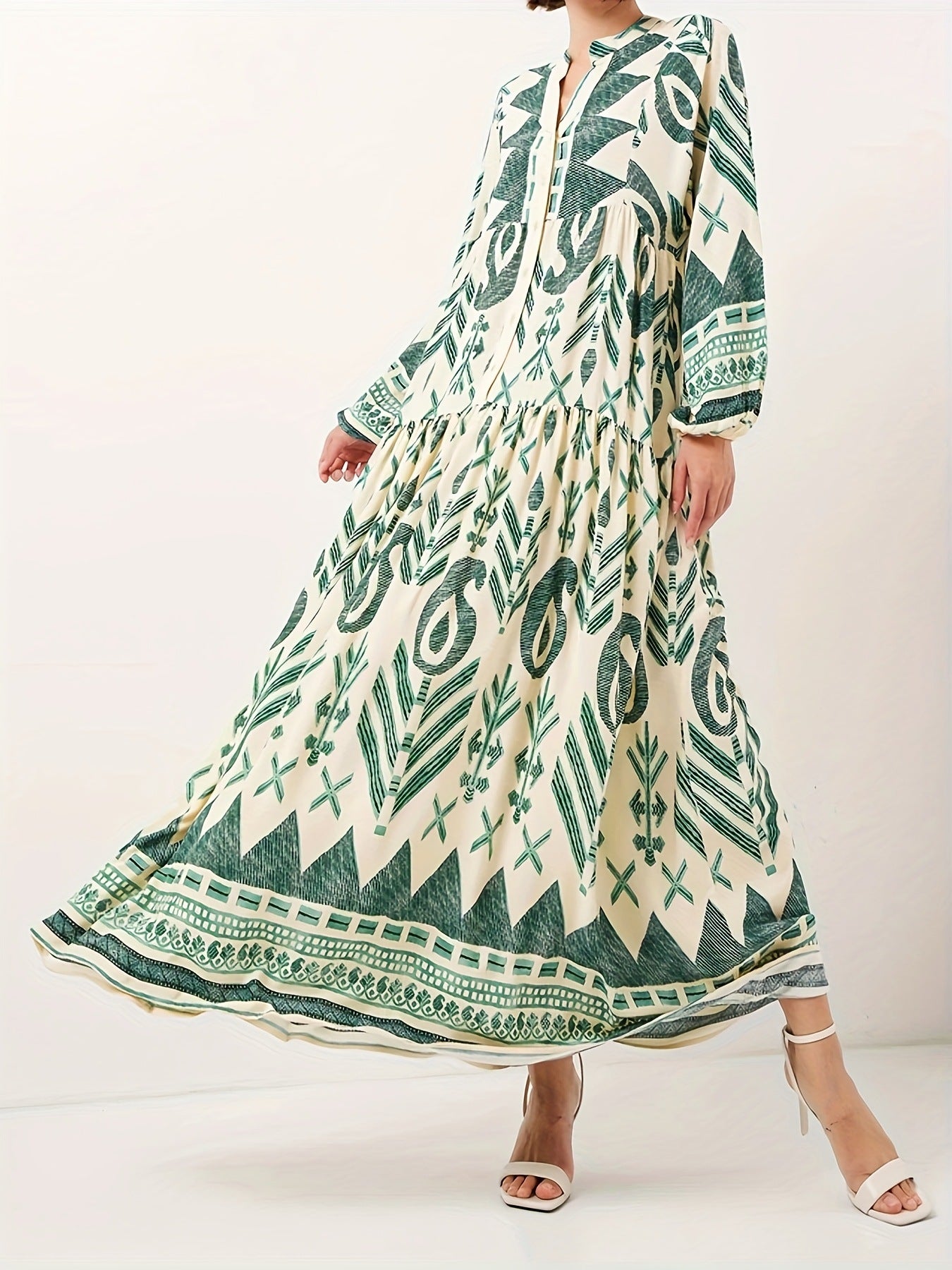 Green Cotton Printed Maxi Dress – Elegant Loose-Fit Long Sleeve Abaya Style