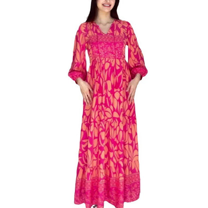 New V-neck Lantern Sleeve Printed High Waist Retro Slim Dress