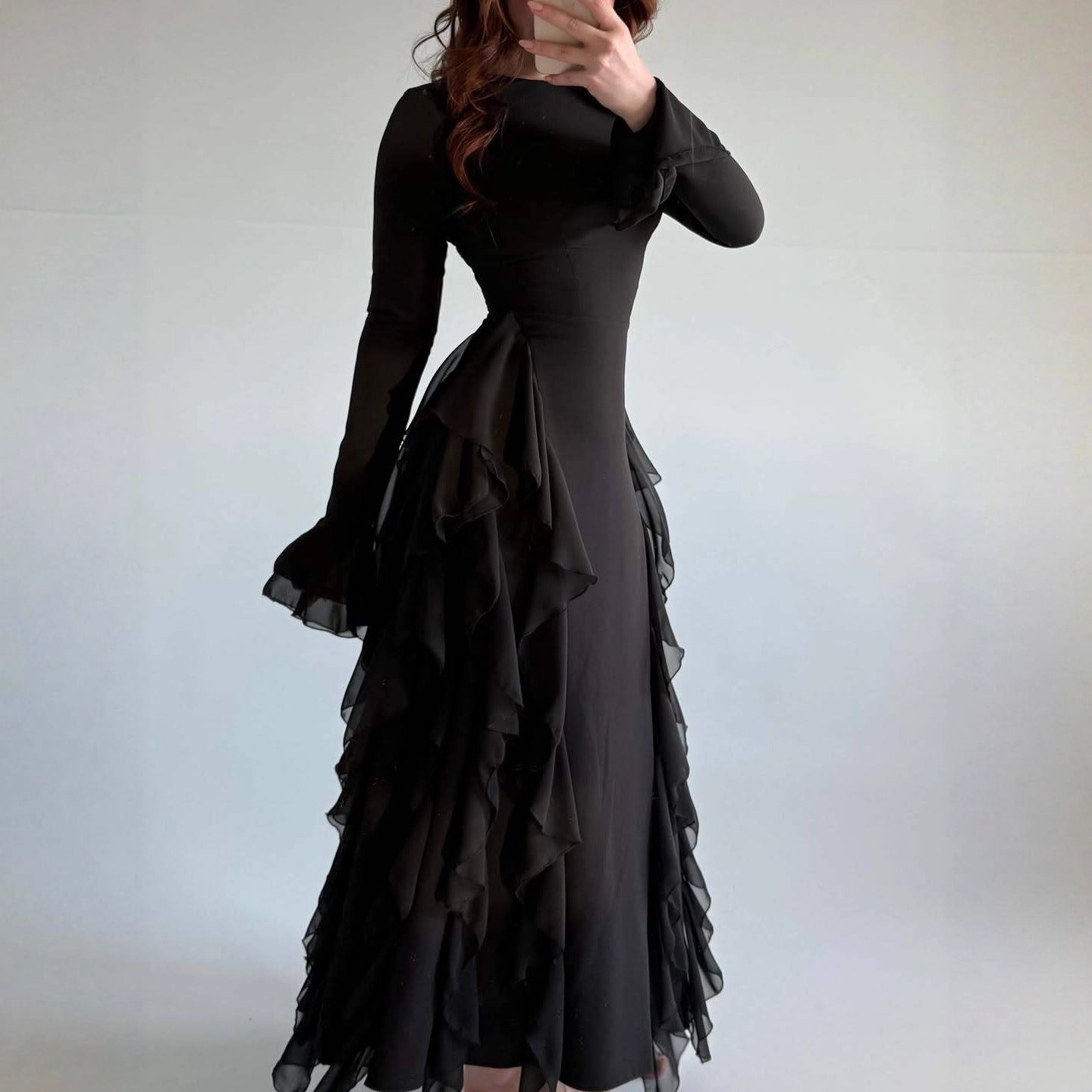 New Style Waist-Cinching Banquet Ruffled Round-Neck Long-Sleeve Socialite Dress