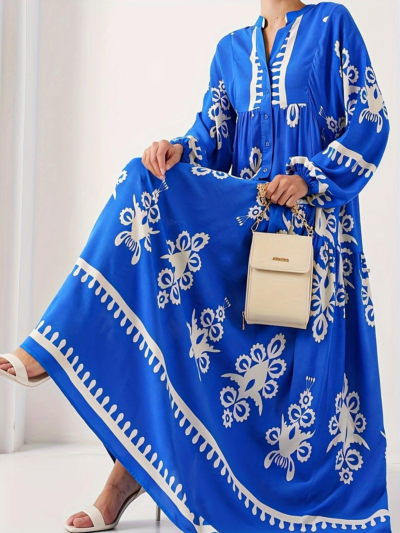 Blue Cotton Printed Maxi Dress – Elegant Loose-Fit Long Sleeve Abaya Style