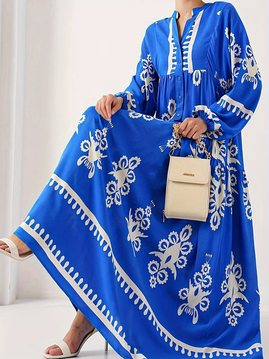 Blue Cotton Printed Maxi Dress – Elegant Loose-Fit Long Sleeve Abaya Style