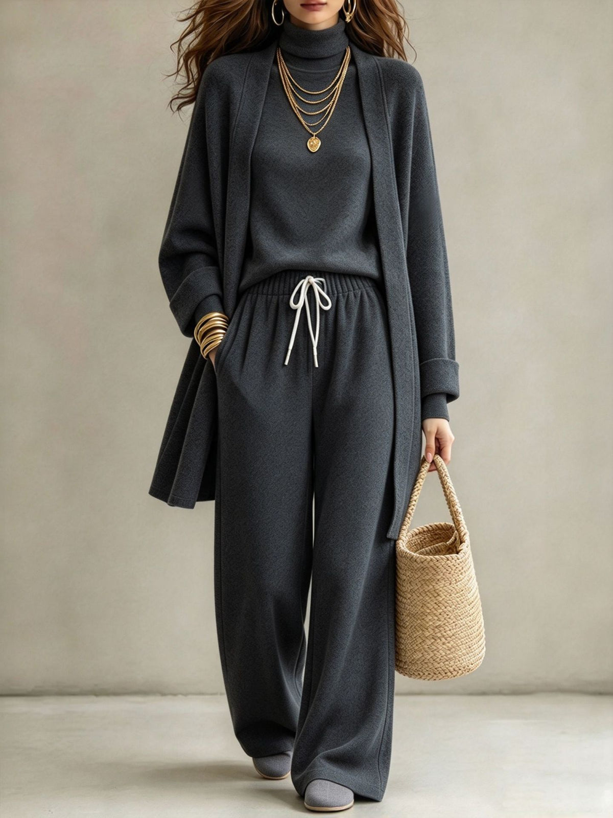 Women's Modest Two-Piece Lounge Set – Wide-Leg Trousers & Long-Sleeve Top