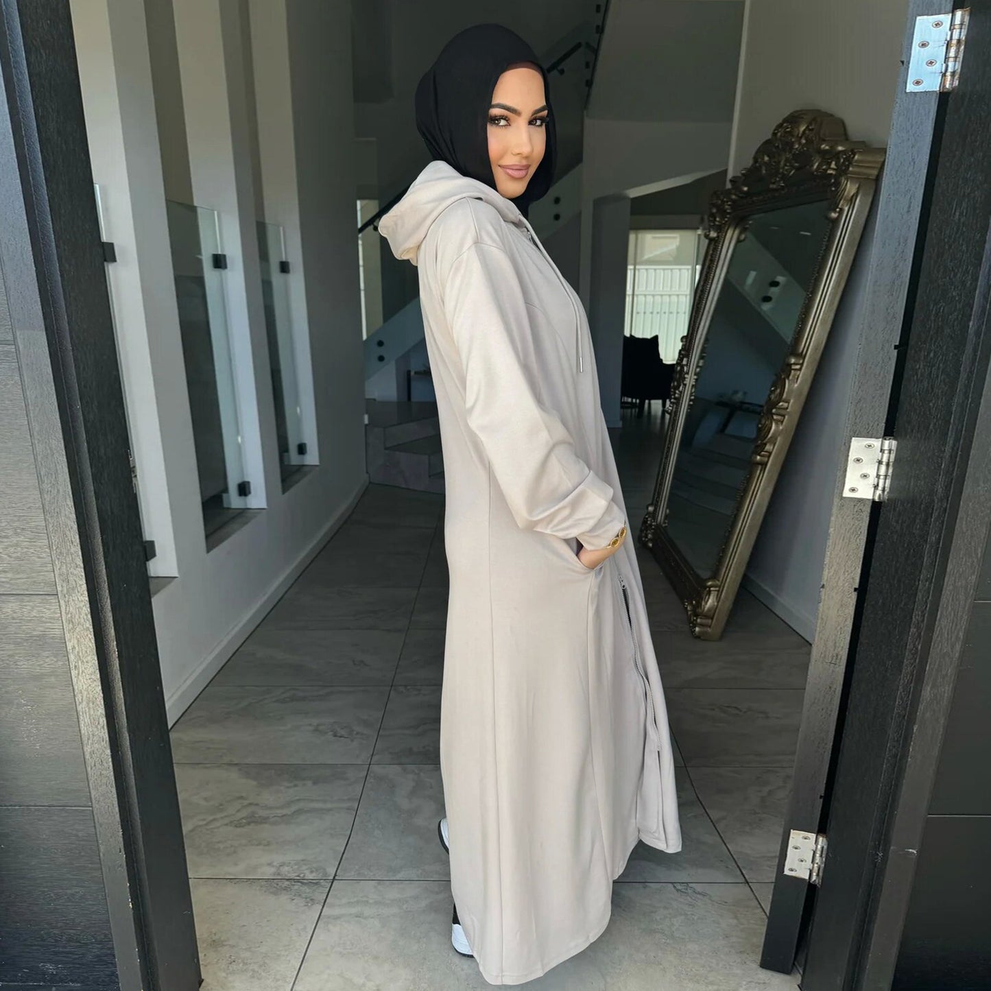 Modest Zip Hoodie Abaya Dress – Long Sleeve Hooded Maxi Cardigan for Women