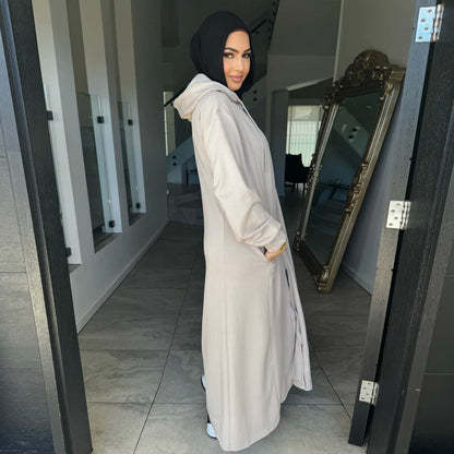 Modest Zip Hoodie Abaya Dress – Long Sleeve Hooded Maxi Cardigan for Women