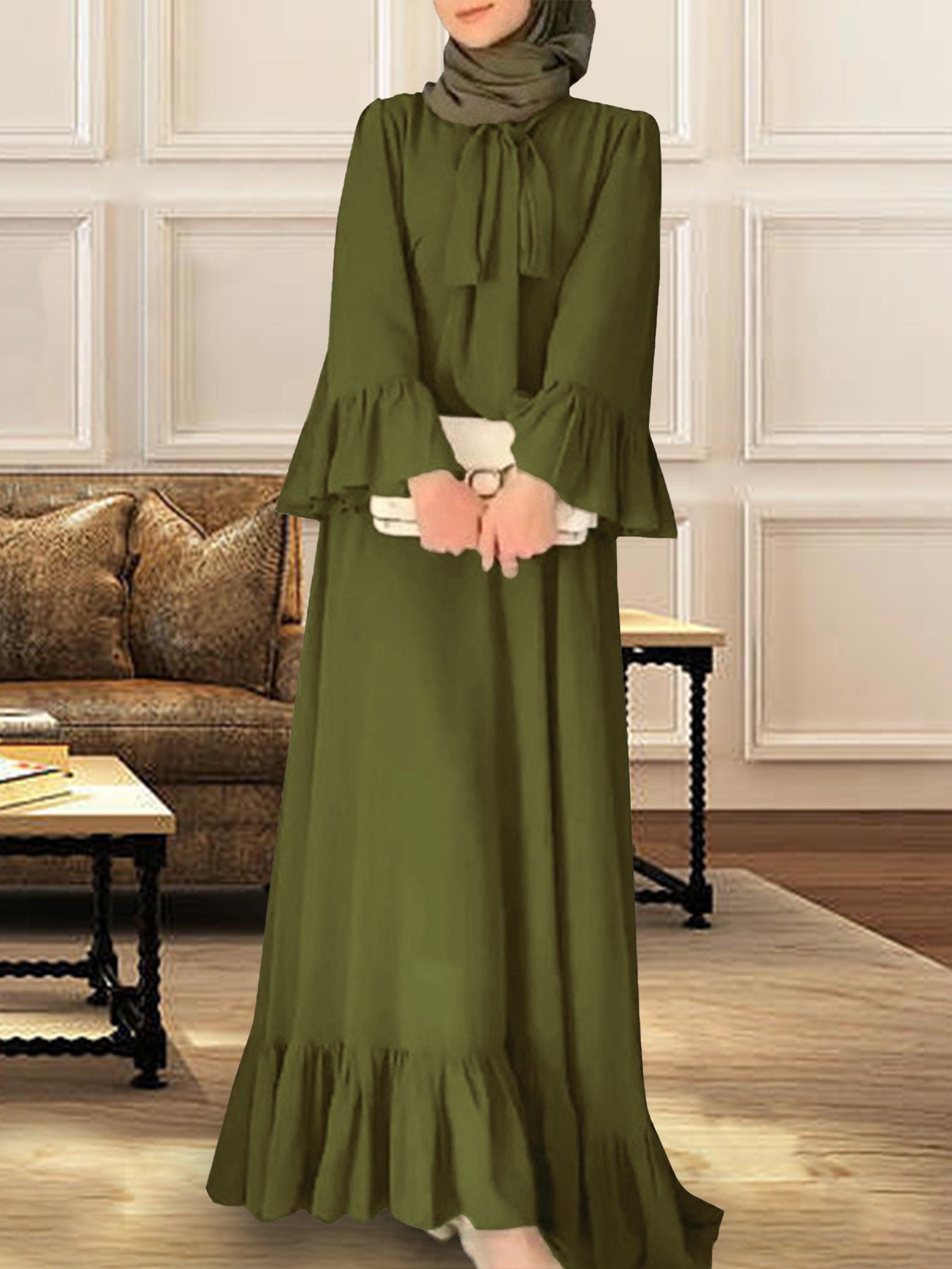 Elegant Modest Maxi Dress with Tie Neck – Olive Green