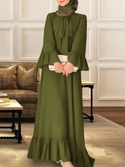 Elegant Modest Maxi Dress with Tie Neck – Olive Green