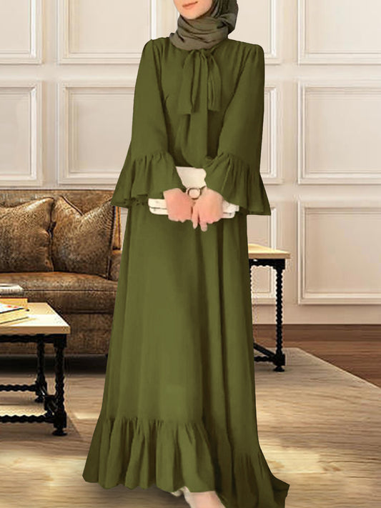Elegant Modest Maxi Dress with Tie Neck – Olive Green