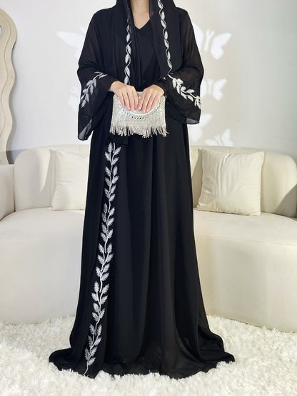 Turkish Style Embroidered Skirt Chiffon Long Dress with Headscarf