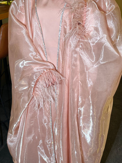 Luxury Satin Feather Trim Abaya – Elegant Modest Statement Dress
