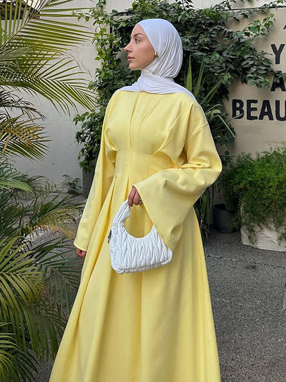 Elegant Pastel Yellow Pleated Abaya