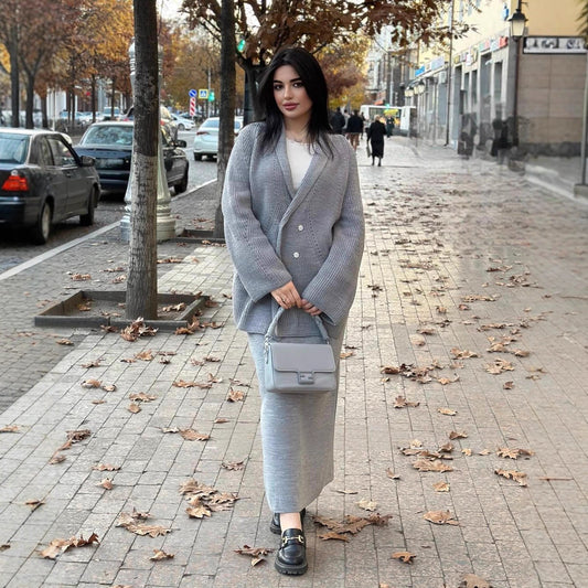 Fashion 2026 Autumn New Double-Breasted Button Sweater Jacket Hip-Covering Skirt Suit