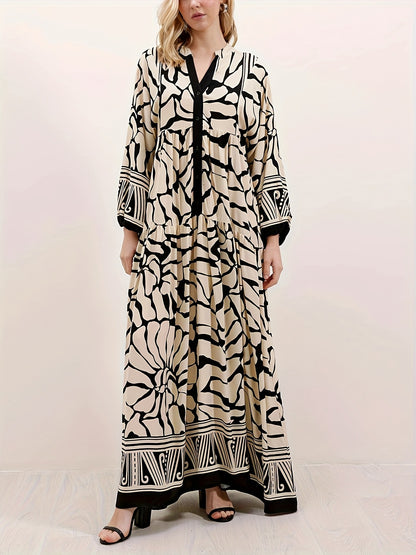 Black Cotton Printed Maxi Dress – Elegant Loose-Fit Long Sleeve Abaya Style