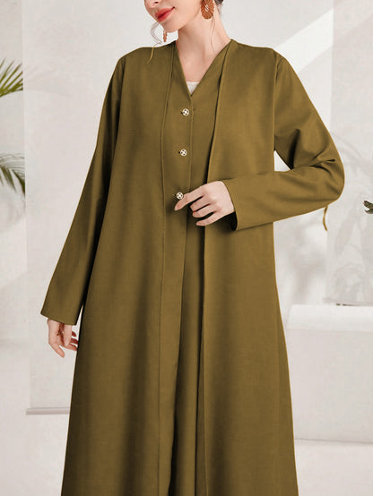 Olive Green Cotton Maxi Dress – Loose Fit Button Front Long Sleeve Abaya Style