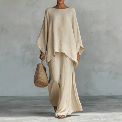 Loose Linen Blend Shirt and Wide-Leg Pants Set