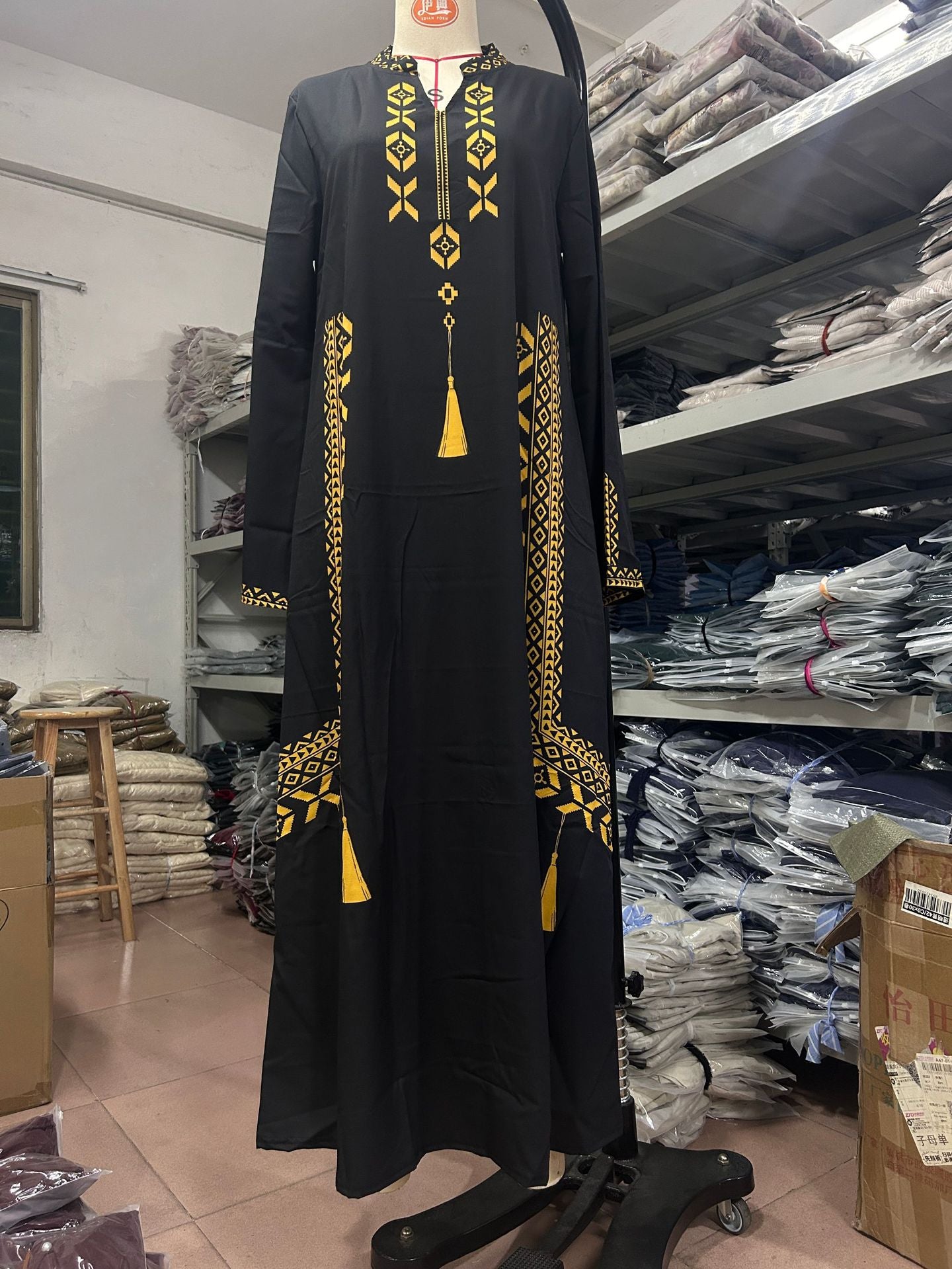 White Embroidered Abaya with Blue Pattern Details