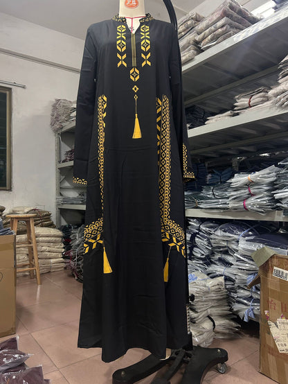 White Embroidered Abaya with Blue Pattern Details