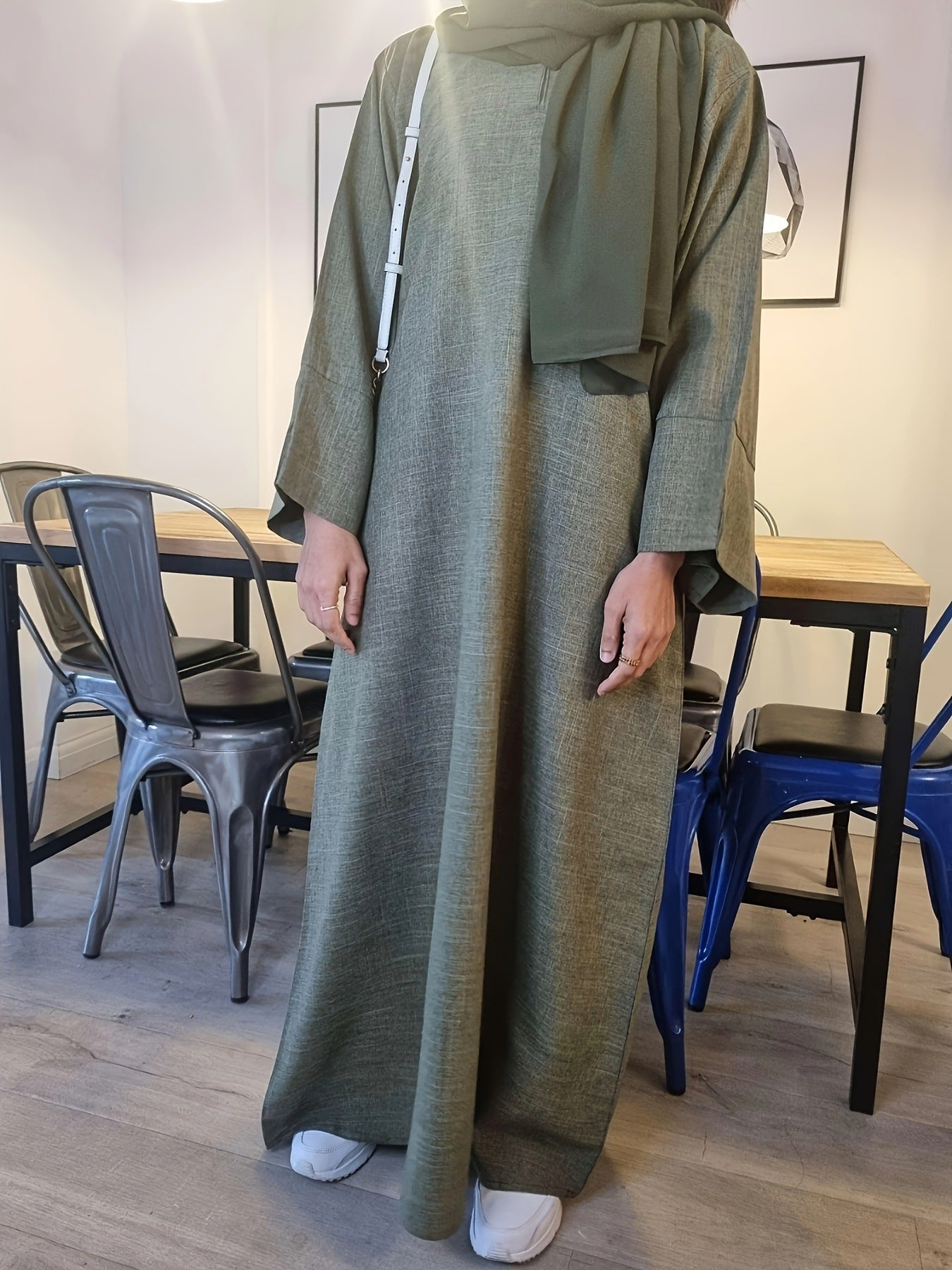 Olive Green Textured Modest Abaya with Matching Hijab