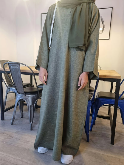 Olive Green Textured Modest Abaya with Matching Hijab