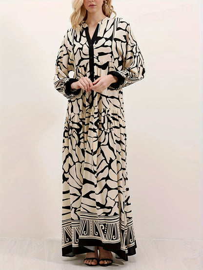 Black Cotton Printed Maxi Dress – Elegant Loose-Fit Long Sleeve Abaya Style