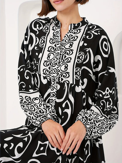 Black Cotton Printed Maxi Dress – Elegant Loose-Fit Long Sleeve Abaya Style