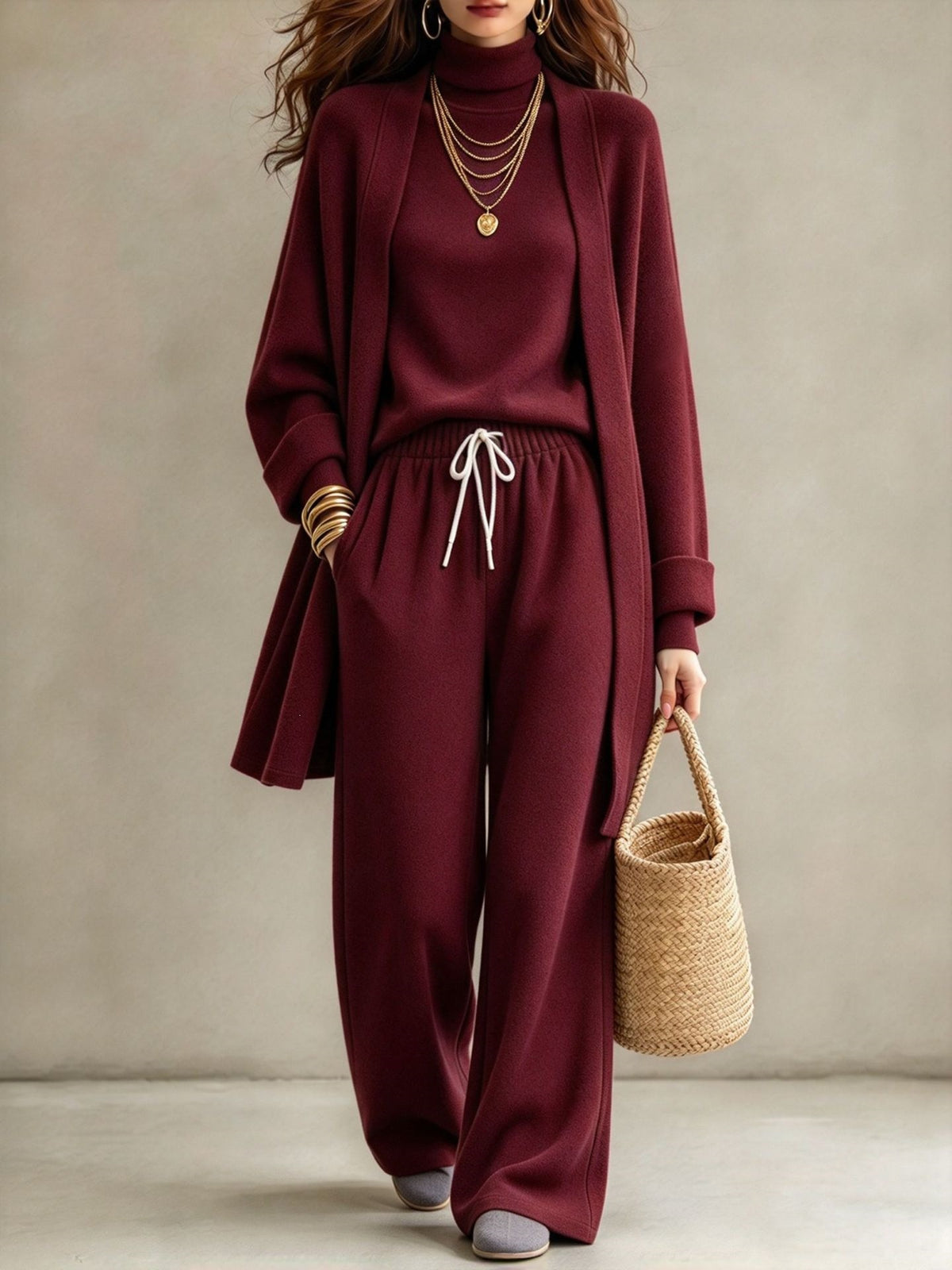 Women's Modest Two-Piece Lounge Set – Wide-Leg Trousers & Long-Sleeve Top