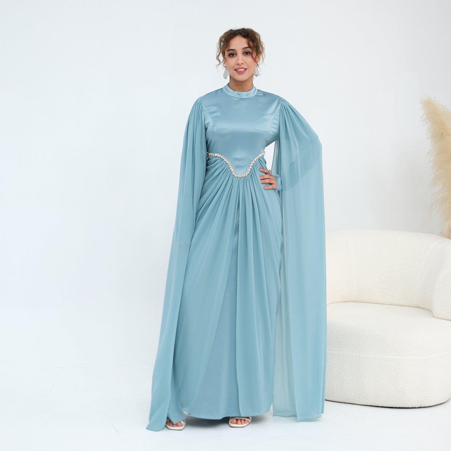 Elegant Rhinestone Abaya Dress for Women | Modest Long Sleeve Maxi Dress | High Neck Islamic Evening Gown | Muslim Party & Eid Dress