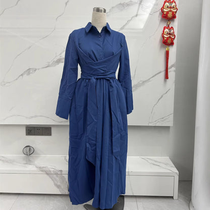 Lace-Up Slim-Fit Commuter Daily Solid Color Turn-Down Collar New Style Waist-Cinching Long Dre