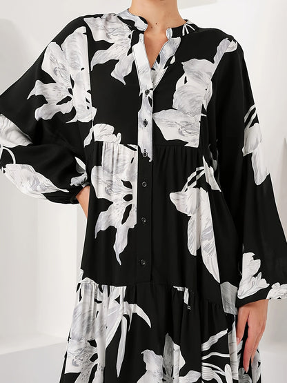 Black Cotton Printed Maxi Dress – Elegant Loose-Fit Long Sleeve Abaya Style
