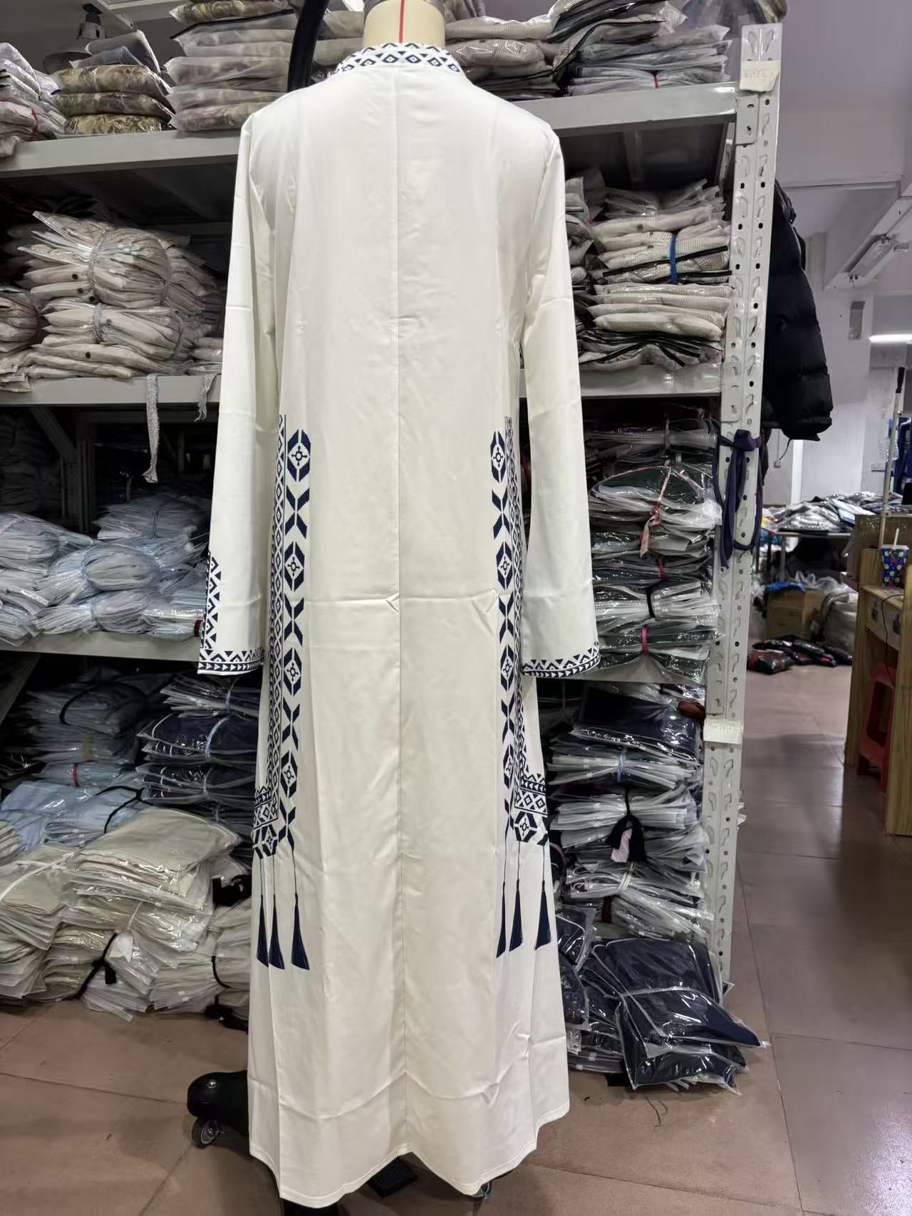 White Embroidered Abaya with Blue Pattern Details