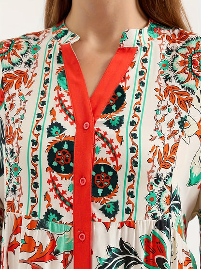 Floral Printed Cotton Maxi Dress – Elegant Loose Fit Long Sleeve Boho Style