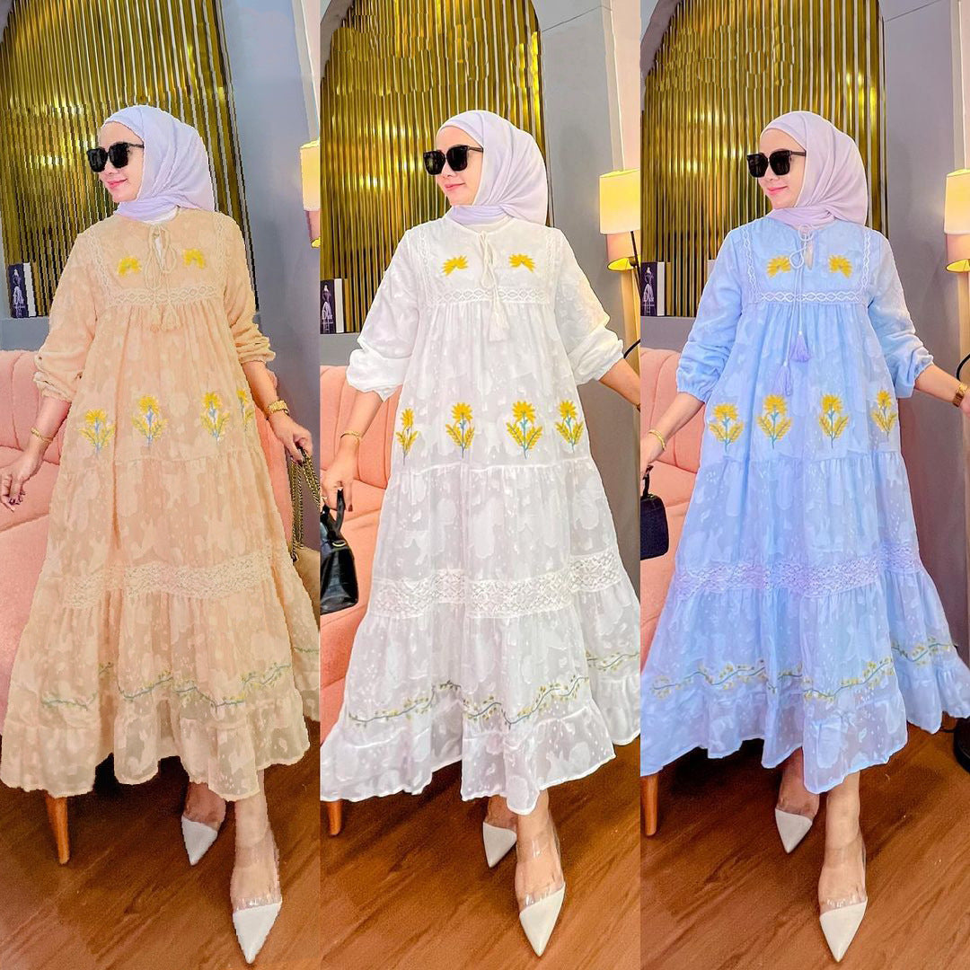 Floral Maxi Abaya Dress – Beige, White, Blue.