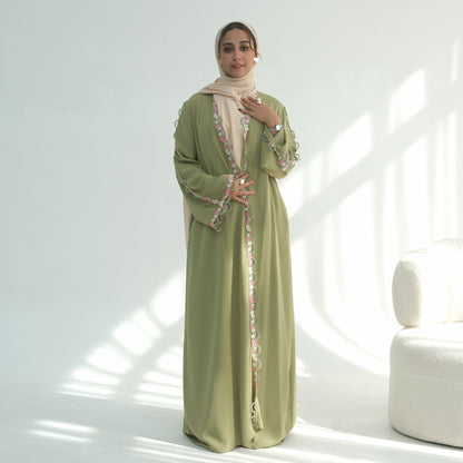 Elegant Turkish Floral Trim Open Abaya Cardigan