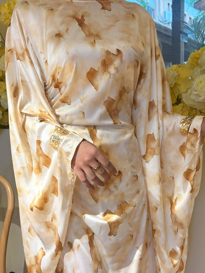 Elegant Long Dress with Yellow Floral Print and Drawstring Straps