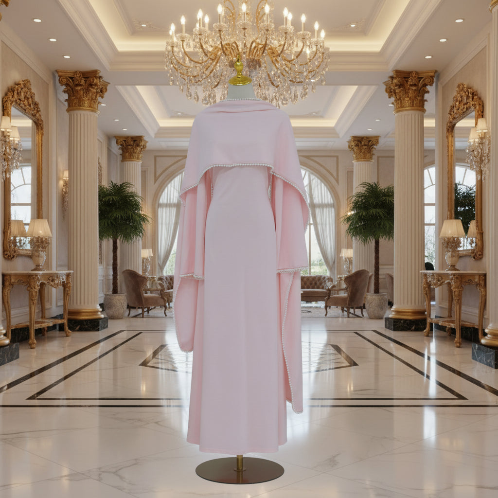 Pink dress on a mannequin with a vase of dried plants in a minimalistic setting