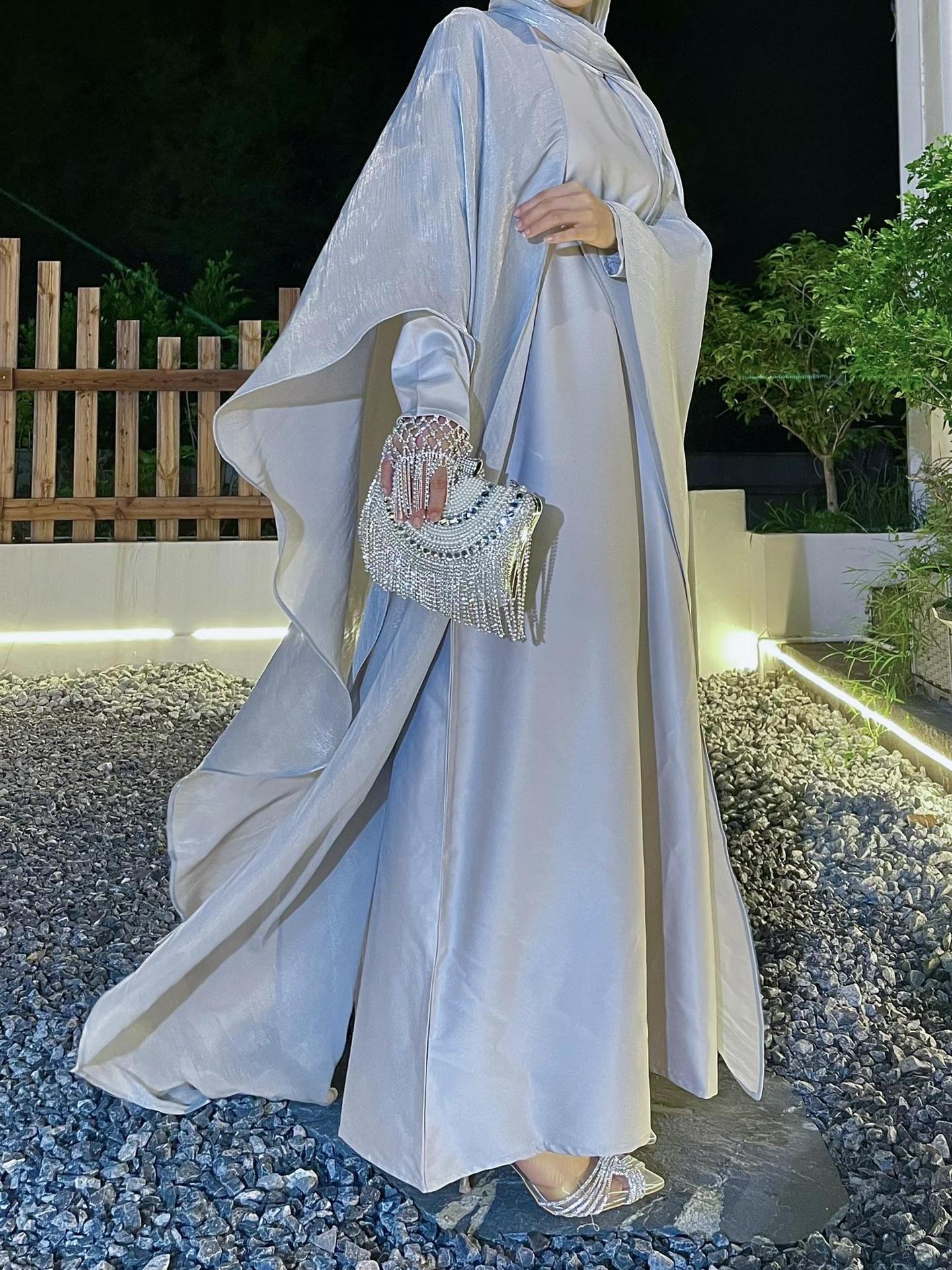 Luxury White Satin Abaya with Sheer Overlay – Elegant Modest Occasion Dress