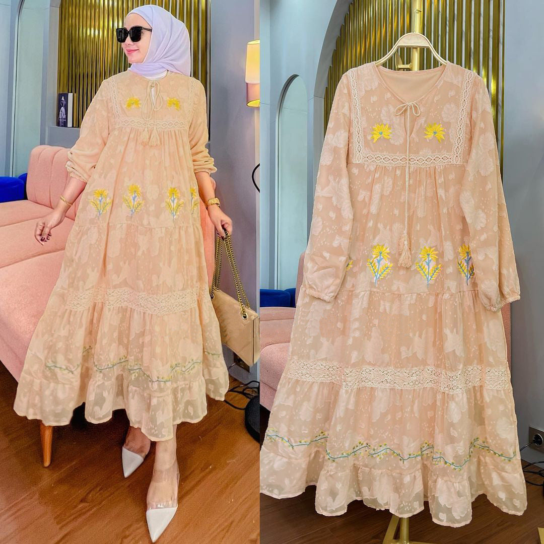 Floral Maxi Abaya Dress – Beige, White, Blue.