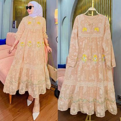 Floral Maxi Abaya Dress – Beige, White, Blue.