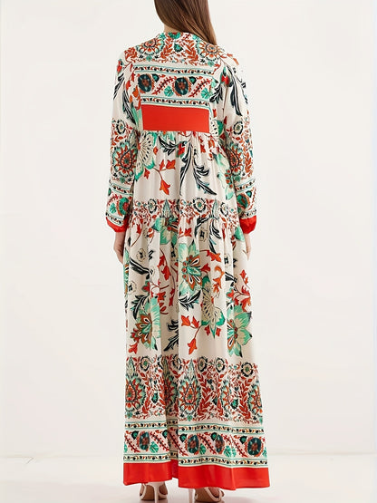 Floral Printed Cotton Maxi Dress – Elegant Loose Fit Long Sleeve Boho Style