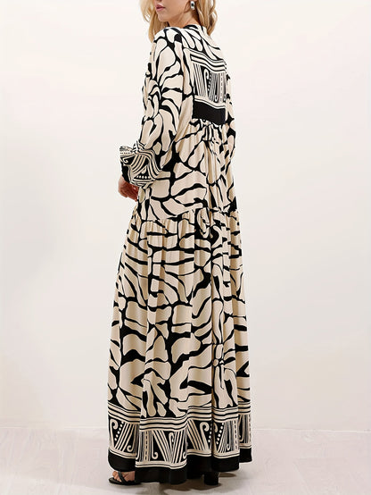 Black Cotton Printed Maxi Dress – Elegant Loose-Fit Long Sleeve Abaya Style