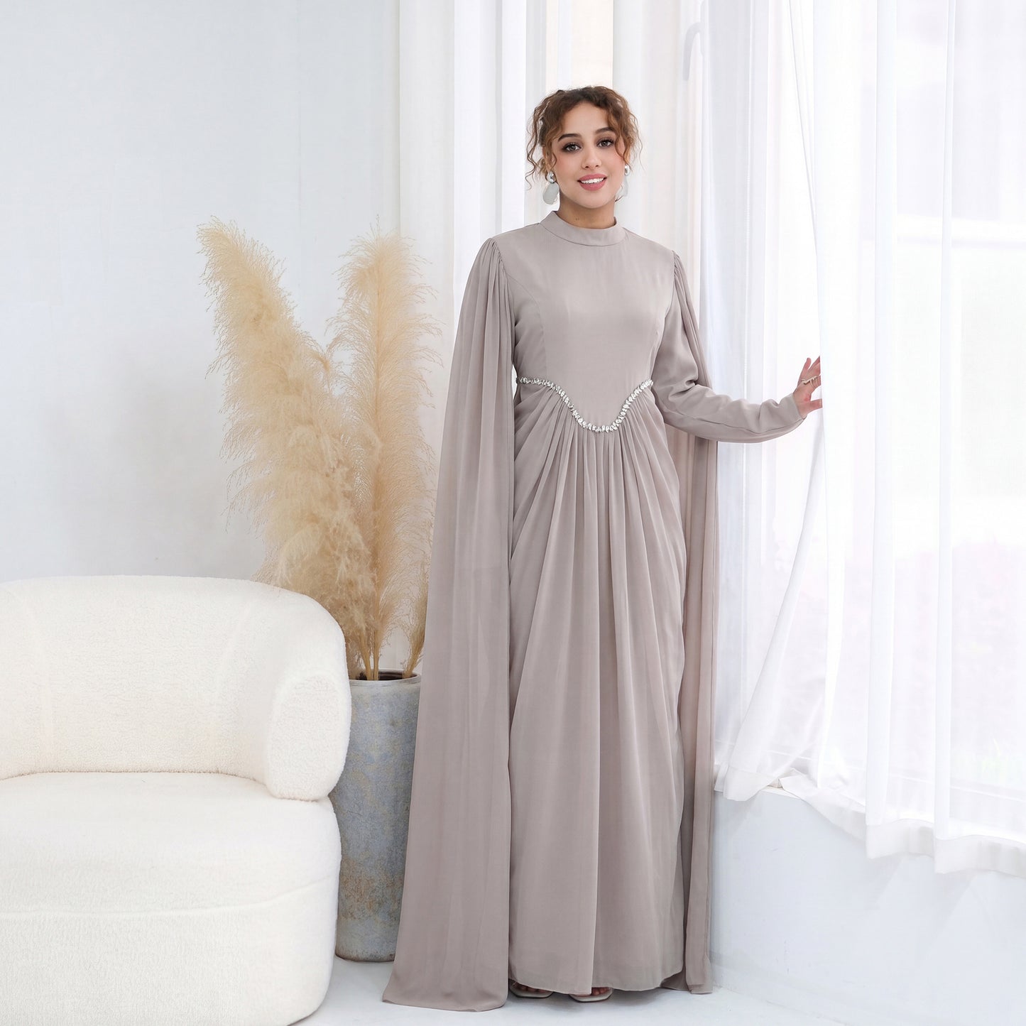 Elegant Rhinestone Abaya Dress for Women | Modest Long Sleeve Maxi Dress | High Neck Islamic Evening Gown | Muslim Party & Eid Dress
