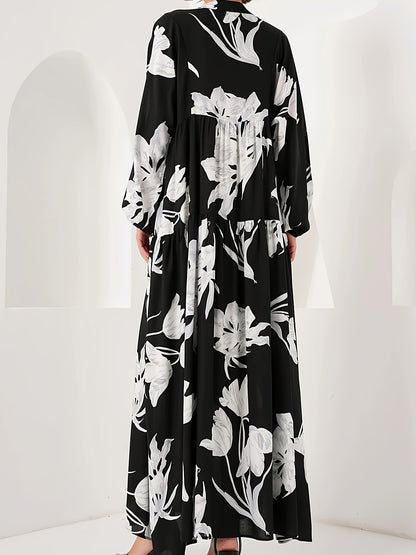 Black Cotton Printed Maxi Dress – Elegant Loose-Fit Long Sleeve Abaya Style