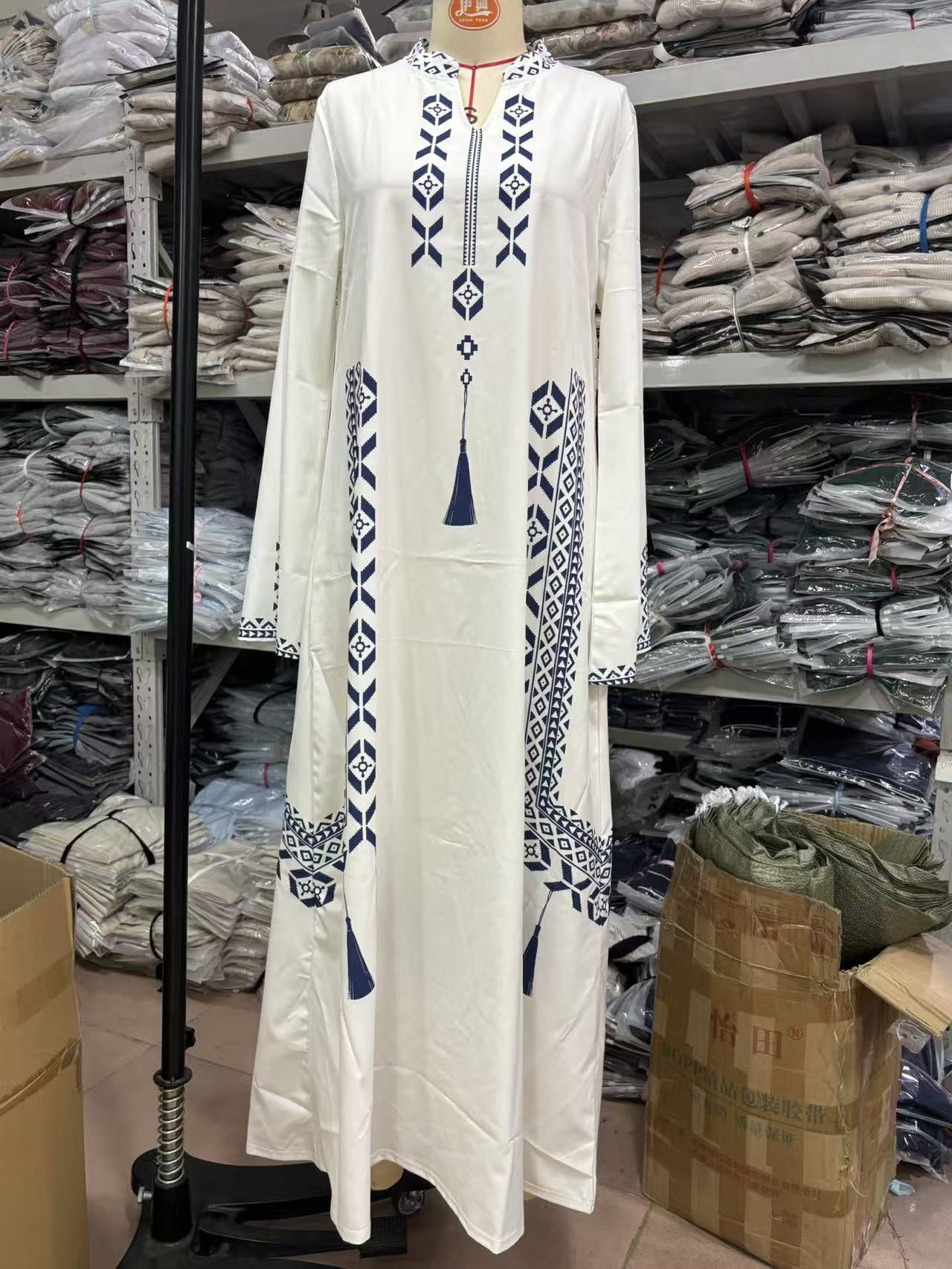 White Embroidered Abaya with Blue Pattern Details