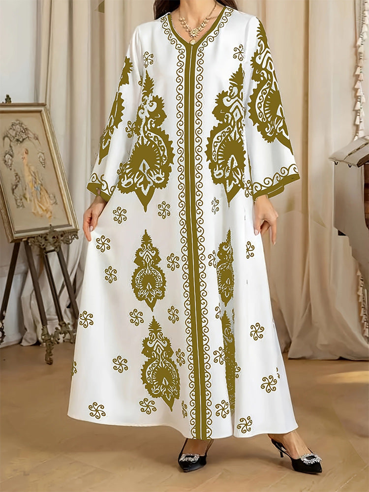 Color: White with olive-gold print