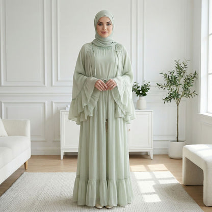 Abaya Elegant Two-Piece Modest Dress Set with Matching Shawl – Premium Chiffon Long Sleeve.