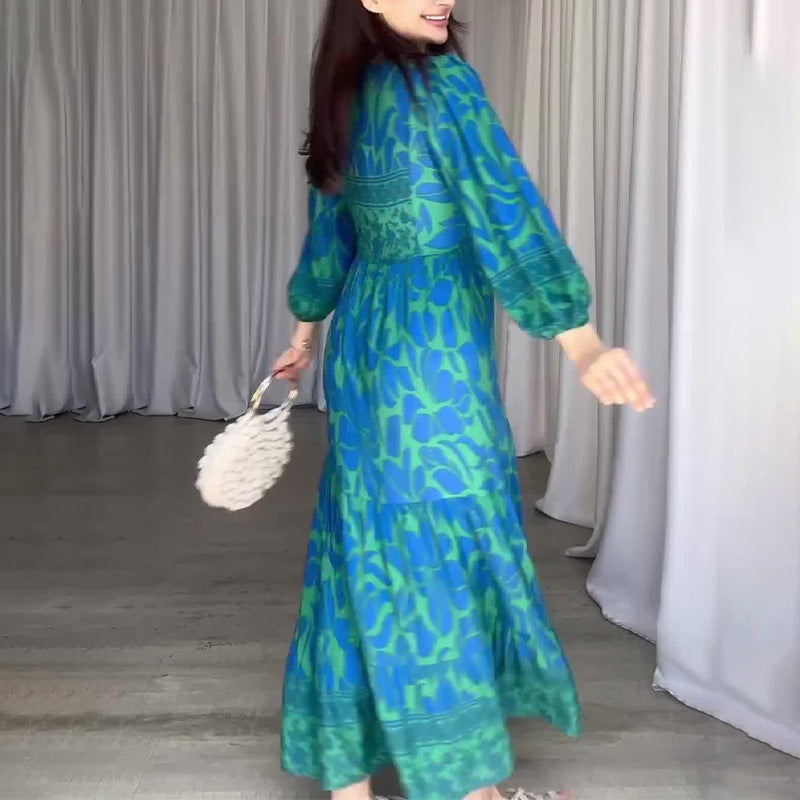 New V-neck Lantern Sleeve Printed High Waist Retro Slim Dress