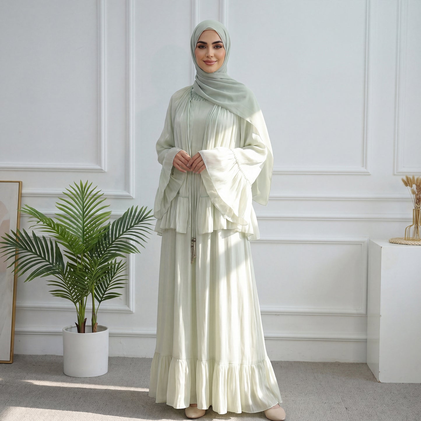 Abaya Elegant Two-Piece Modest Dress Set with Matching Shawl – Premium Chiffon Long Sleeve.
