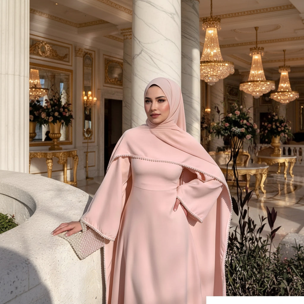 Person wearing a pink abaya with a matching hijab outdoors.