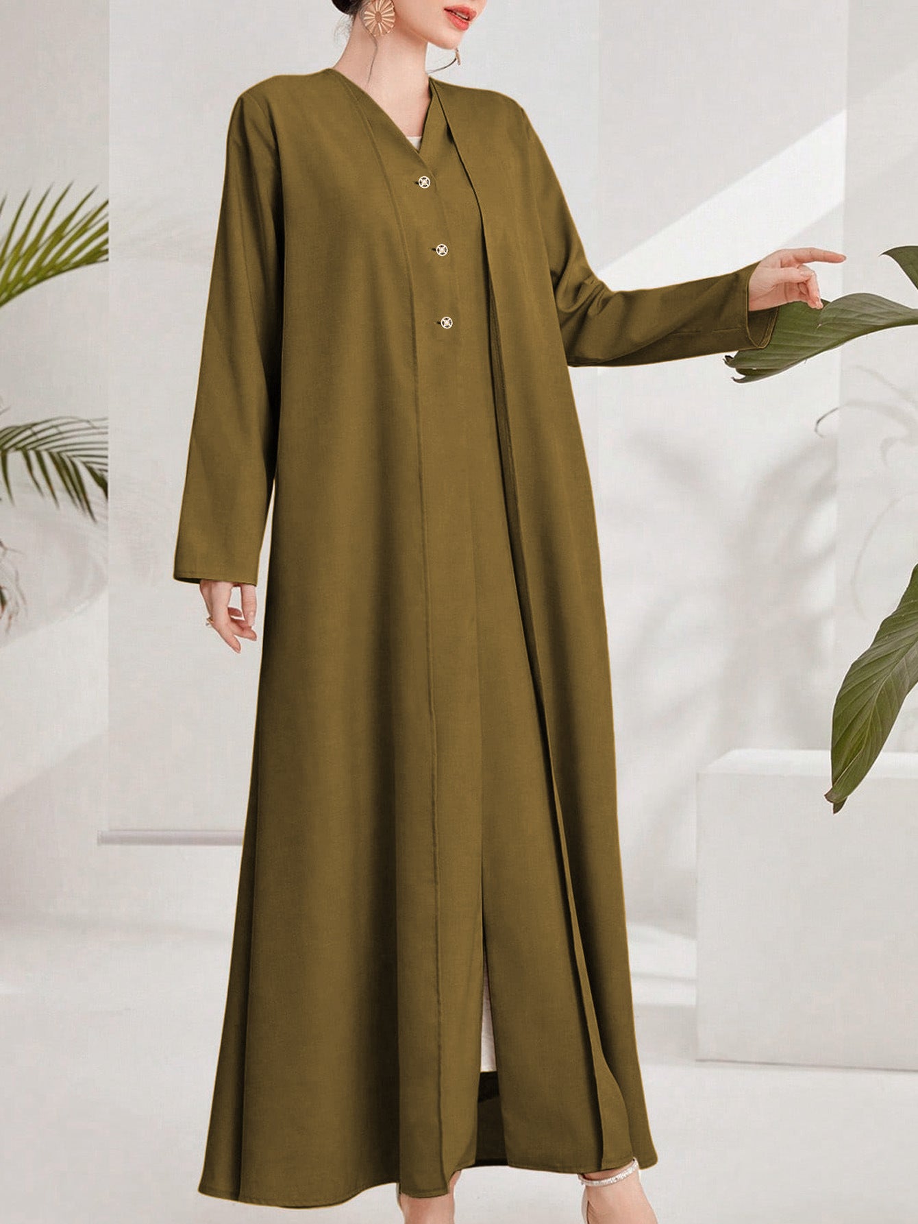 Olive Green Cotton Maxi Dress – Loose Fit Button Front Long Sleeve Abaya Style
