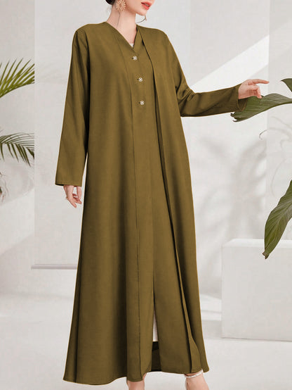 Olive Green Cotton Maxi Dress – Loose Fit Button Front Long Sleeve Abaya Style